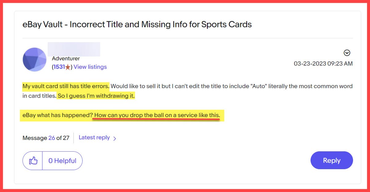 UPDATE: After 4 months, this #ebayseller *still* can't get help with correcting title info for card listed in #eBayVault - leaving no option but to withdraw.

$EBAY currently waives most vault fees, except the withdrawal fee - which means he will be paying for #eBay's error. 🤦‍♀️