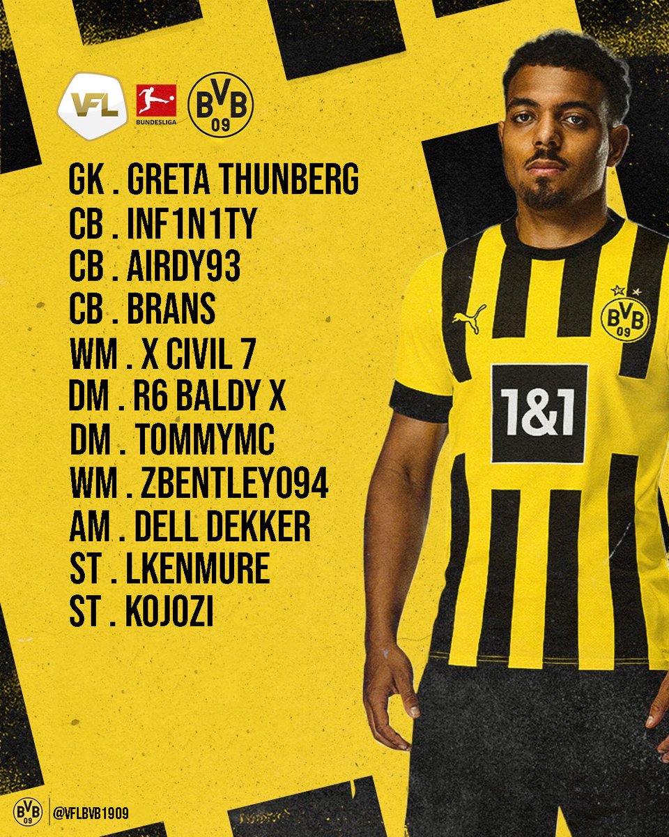 VFLBVB1909's tweet photo. Tonight’s team sheet for our 2 games in @TheVFL_ Bundesliga. 🇩🇪⚫️🟡

Borussia Monchengladbach (A) 
VFB Stuttgart (H)

https://t.co/E26D4zJpuF @ 7.45PM GMT

🎨@LKenmure_ 🔥 https://t.co/adHPcB2aAA