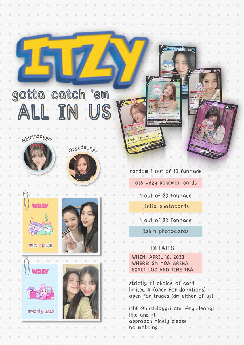 ryudeongs's tweet photo. — ITZY gotta catch 'em ALL IN US 🫐🍯♡ 

-ˏˋ a fan project by @ryudeongs and @birthdaygrI ˊˎ-

hi midzys ! we are giving away wdzy pokemon inspired cards and 2shin / jinlia photocards on #WannaBeWithBENCH fanmeet this coming april 16 !

kindly check the details below! see you <3 https://t.co/APuXdQgUHI