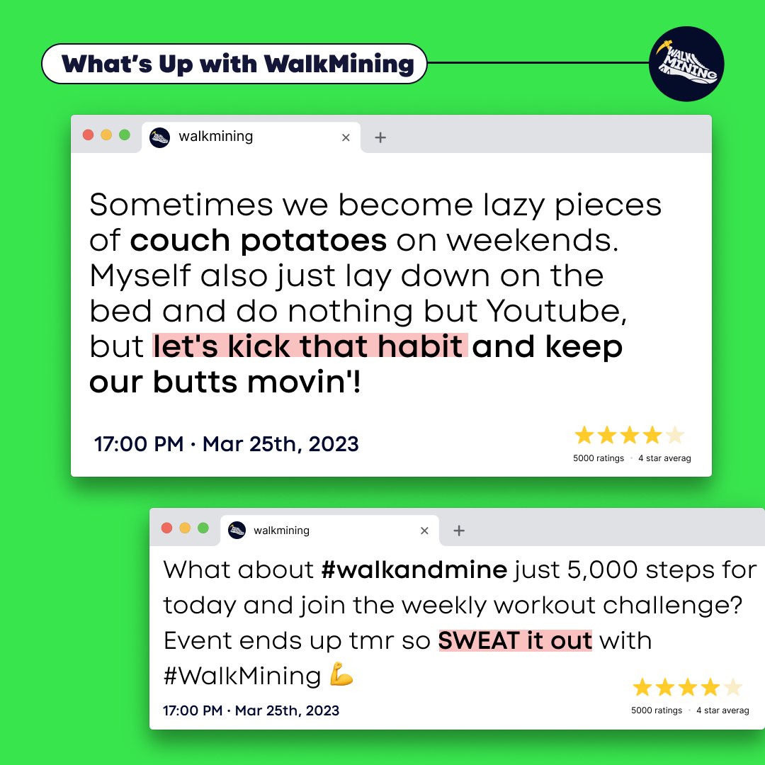 WalkMining's tweet photo. Weekends always make us feel lazy, and I'm no exception. Why not just take a walk and hit 5,000 steps while participating in the event that ends in a day? 💪

#WalkMining #FreeM2E #Fitfi https://t.co/oWA3IaHshC