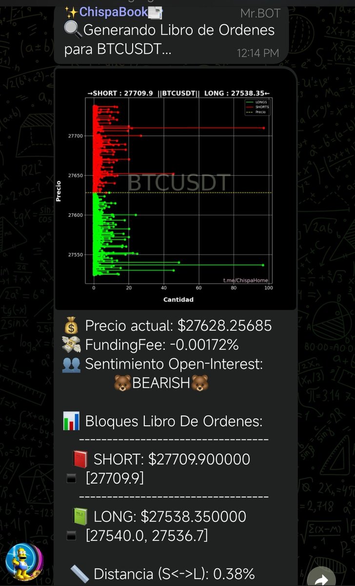 "¿Quieres mejorar tus habilidades de trading? Con ChispaBook en Telegram
 t.me/ChispaHome, puedes obtener información en tiempo real del libro de órdenes para cualquier activo. ¡es GRATIS! #Binance #Trading #Cryptocurrency #Bitcoin #ETH"