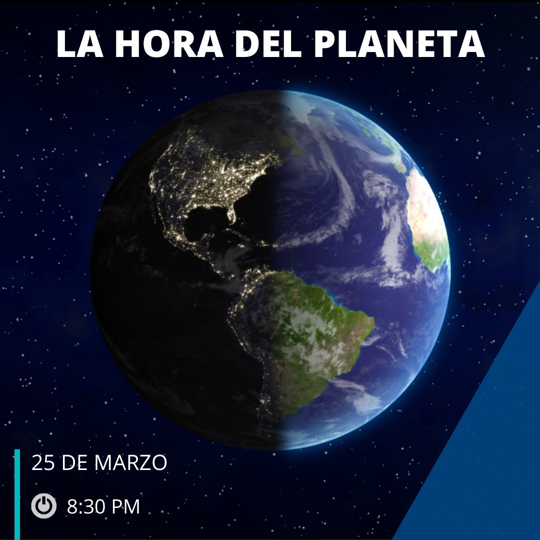Hoy, 25 de marzo, únete a la hora más grande por el planeta y súmate al llamado internacional para concienciar a la población sobre la importancia del ahorro energético y la conservación del medio ambiente.

📣 Apaga las luces a las 8:30 p.m.