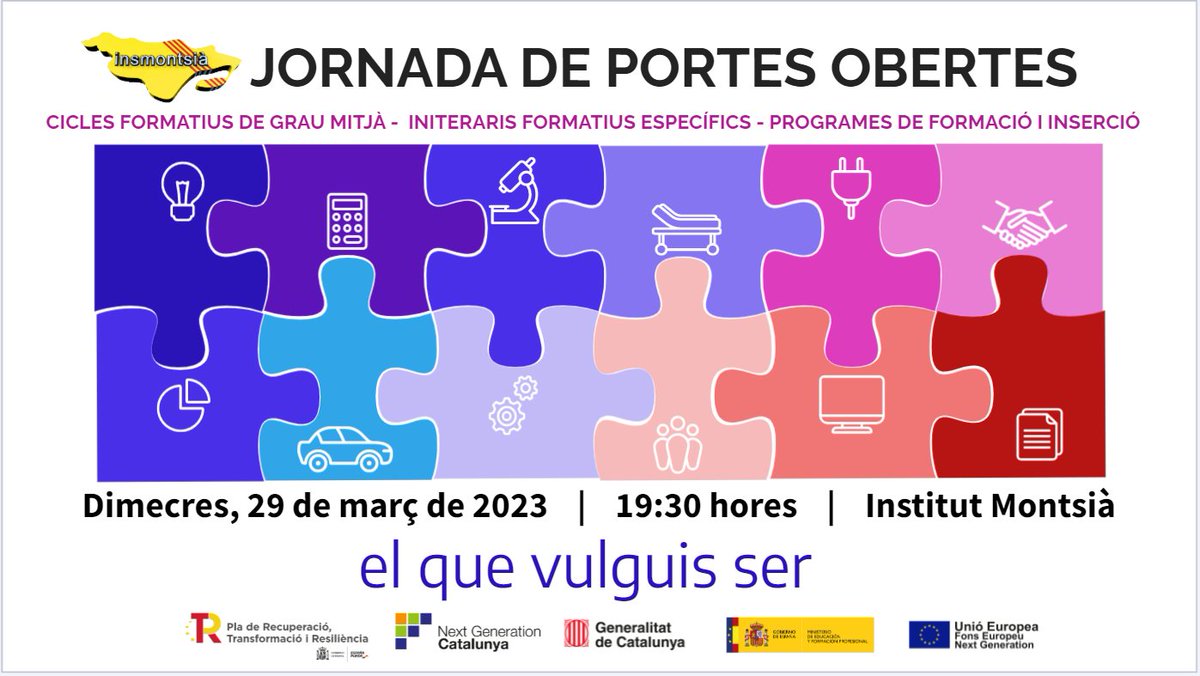 insmontsia's tweet image. Dimecres 29 de març, 19:30 hores, us esperem a la Jornada de Portes Obertes de #CiclesFormatius de Grau Mitjà, Programes de Formació i Inserció, i Itineraris Formatius Específics, on veureu les instal•lacions i us donarem informació dels graus mitjans.