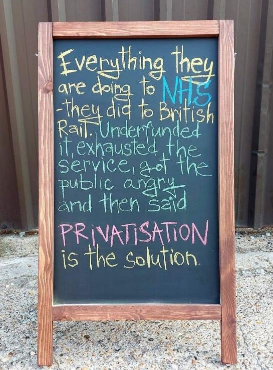 Everything they are doing to the NHS they did to British Rail.

Underfunded it, exhausted the service, got the public angry, and then said privatisation is the solution.

Please RT if you won’t fall for it.