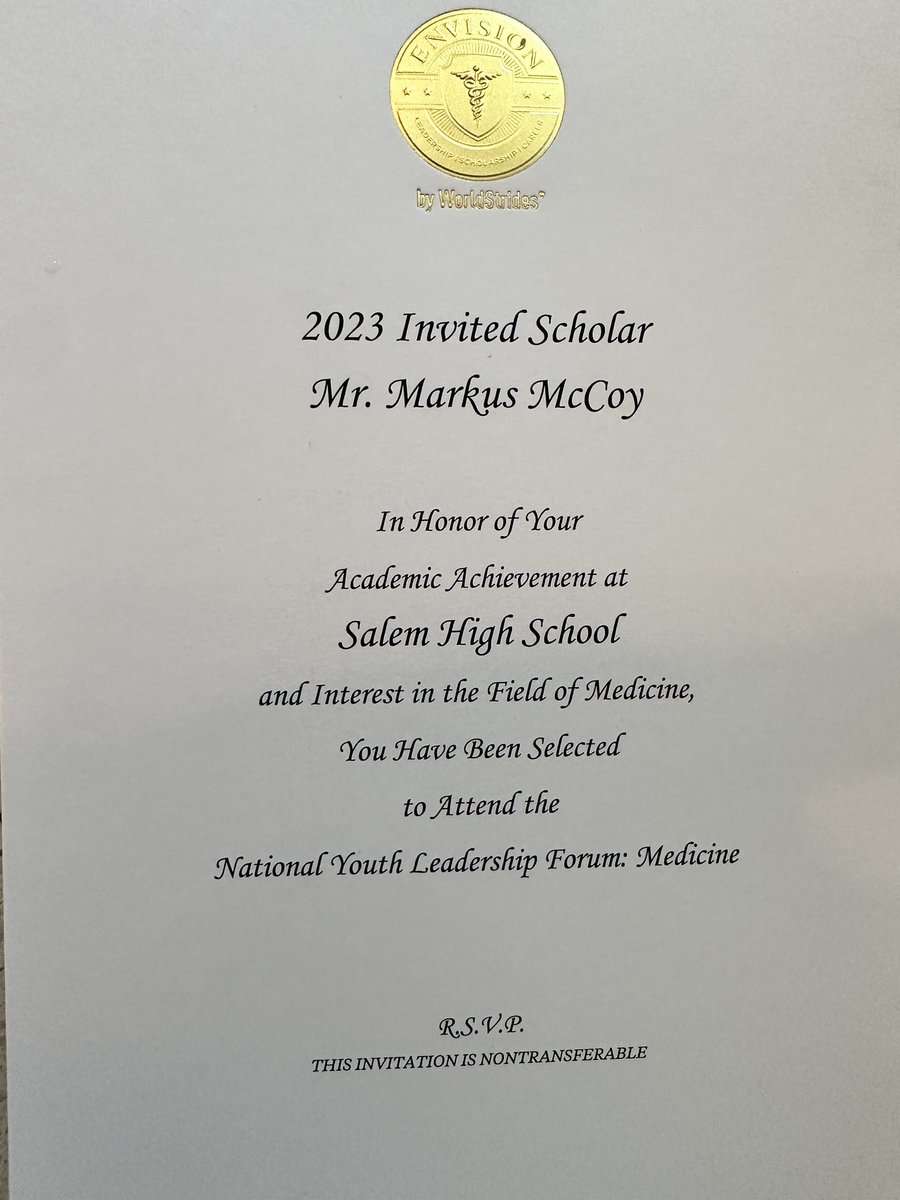 MarkusMcCoy_1's tweet photo. Honored to have been selected for the National Leadership Forum: Medicine, sponsored by George Mason University. #EnvisionExperience #StudentAthlete @GeorgeMasonU @SalemHSVB https://t.co/chTY8UrR6a