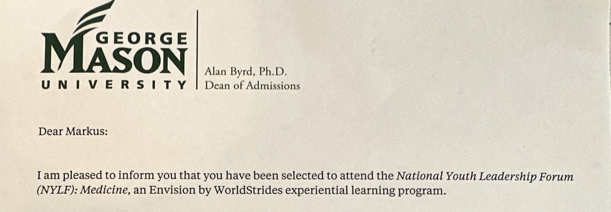 MarkusMcCoy_1's tweet photo. Honored to have been selected for the National Leadership Forum: Medicine, sponsored by George Mason University. #EnvisionExperience #StudentAthlete @GeorgeMasonU @SalemHSVB https://t.co/chTY8UrR6a