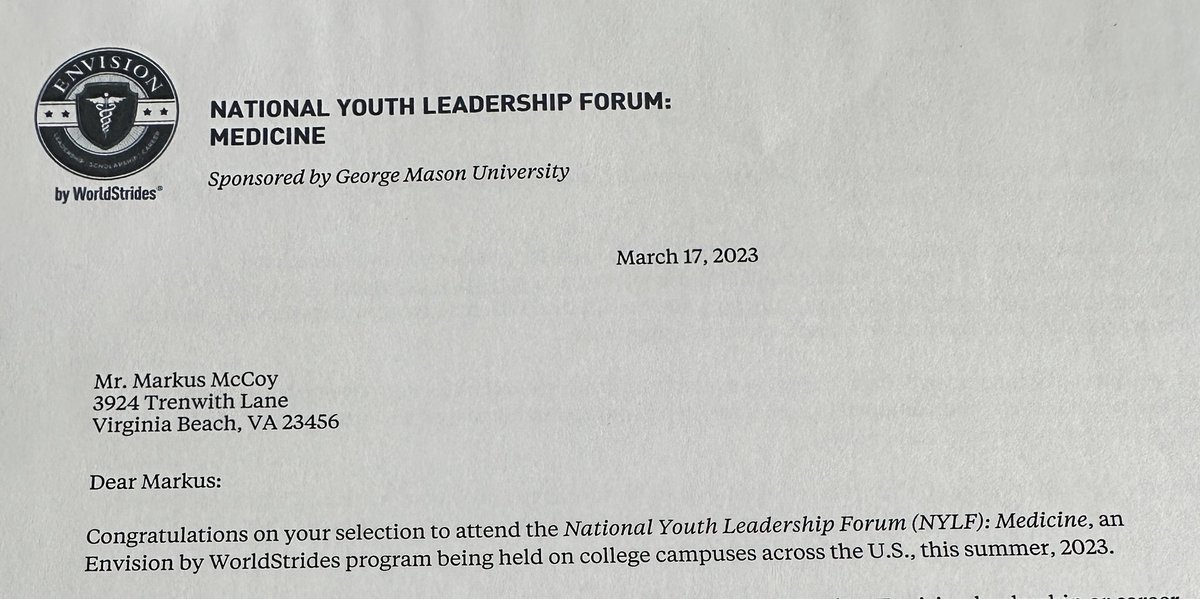 MarkusMcCoy_1's tweet photo. Honored to have been selected for the National Leadership Forum: Medicine, sponsored by George Mason University. #EnvisionExperience #StudentAthlete @GeorgeMasonU @SalemHSVB https://t.co/chTY8UrR6a