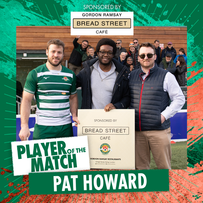 ealingtfrugby's tweet photo. 𝗣𝗼𝘄𝗲𝗿𝗳𝘂𝗹 first game back by Paddy! 

Our @breadstkitchen Player of the Match. 🍾

#ETF 🟢⚪️