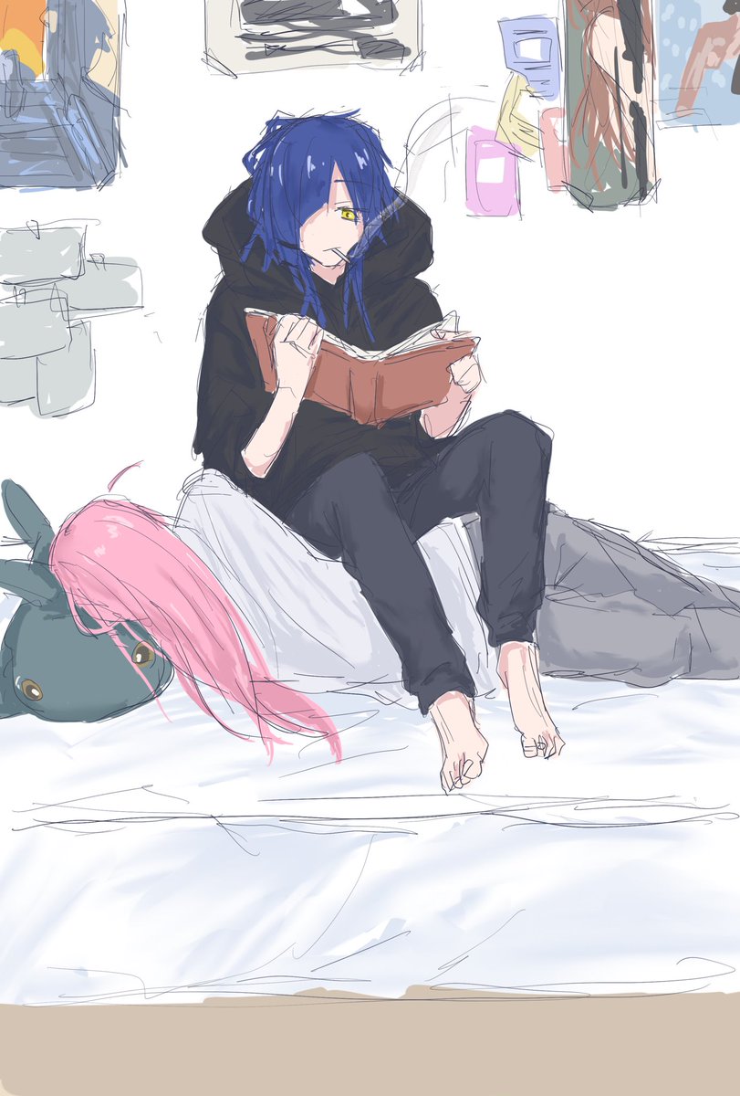 blue hair multiple girls 2girls smoking pink hair book reading  illustration images
