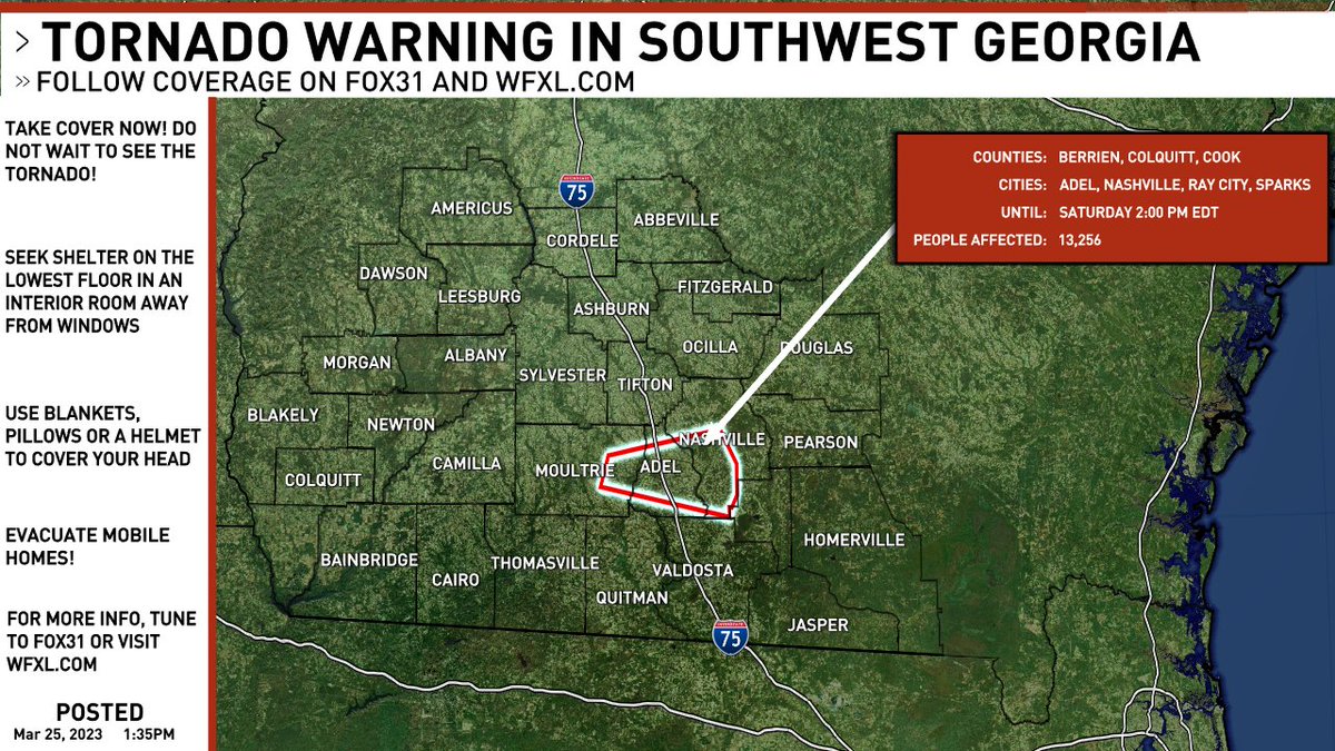 A new #TORNADO WARNING has been issued in Southwest Georgia. Follow FOX31 News on-air and online for updates. #gawx #swga #gawxcond