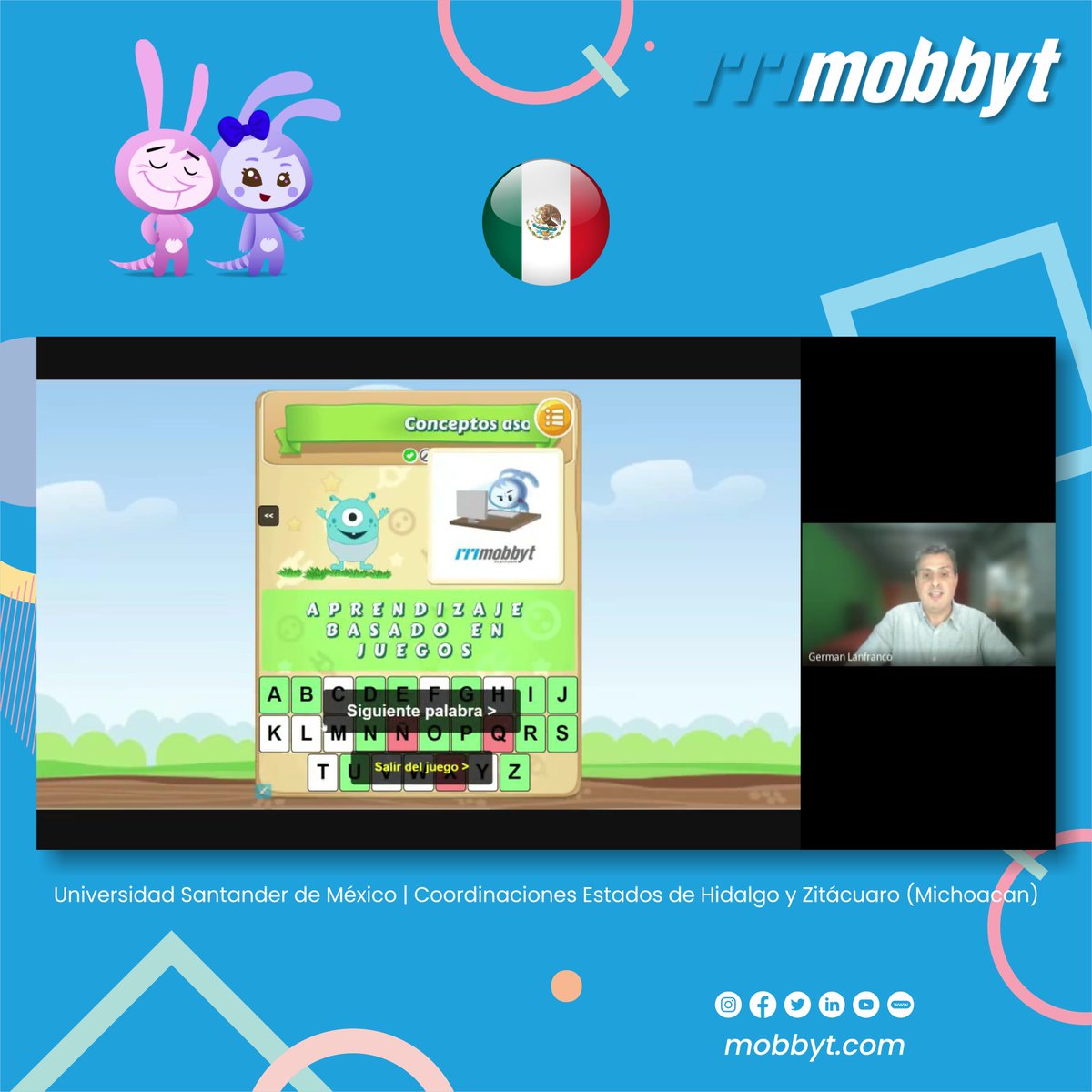 MobbytPlatform's tweet photo. @MobbytPlatform internacional 4/4

🇲🇽 Universidad Santander de México | Coordinaciones de Hidalgo y Zitácuaro (Michoacán).

#Mobbyt dictó el Taller "Creación de videojuegos educativos" destinado a la comunidad educativa de la universidad y de las coordinaciones.

¡Muchas gracias! https://t.co/ZpA9EW5paG