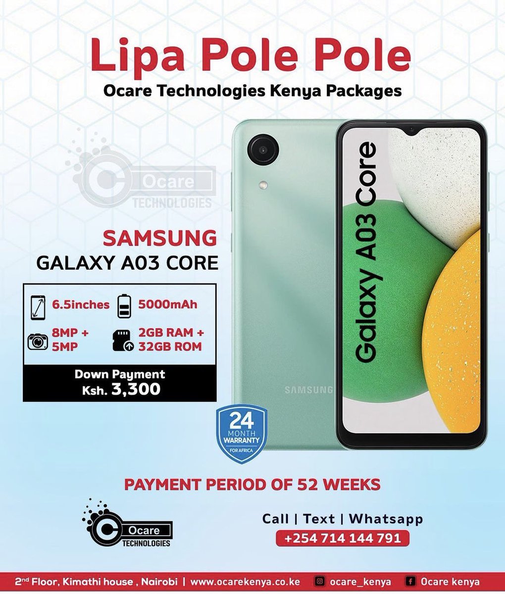 Ocareke's tweet photo. Lipa Pole Pole and Get Any of these Samsung Galaxy A03.
Check us out on: https://t.co/Dsx2Vd6JrL 
Call/Text/WhatsApp: 0714144791 /0715833067 / visit us @ Kimathi Hse 2nd Flr 
#ocare #samsung #samsunggalaxy #sansungA03 #lipapolepole #phoneshop #electronicstore #electronicshop #KOT https://t.co/XQeYTjI5n4