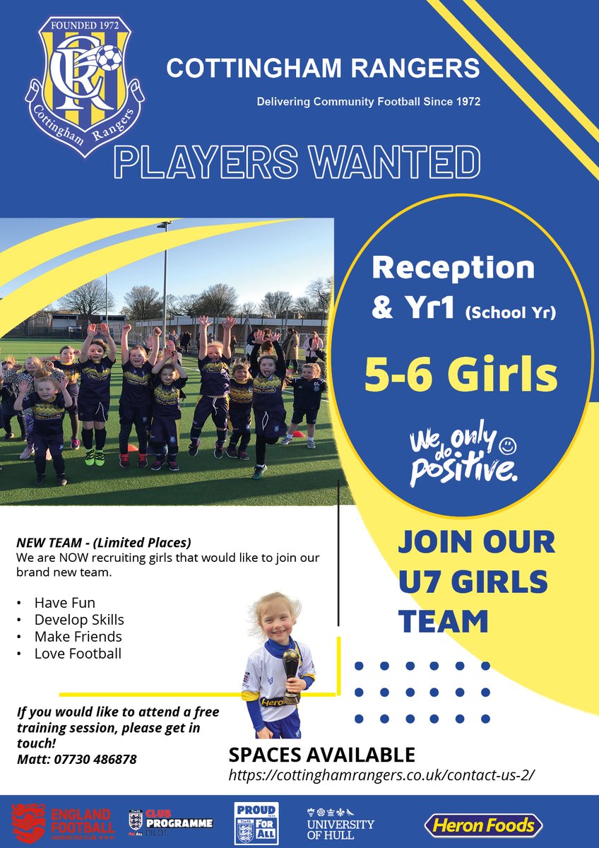Cottingham Rangers are pleased to announce that we are continuing our U7 Girls Mini Football sessions for next season. The U7G train Wednesday evenings 6-7PM at the University of Hull  call:07730 486878 Matt
<a href="/HullUniSport/">University of Hull Sport & Active Wellbeing</a> <a href="/ActiveHumber/">Active Humber</a> <a href="/EastRidingFA/">𝗘𝗮𝘀𝘁 𝗥𝗶𝗱𝗶𝗻𝗴 𝗙𝗔</a> <a href="/ERGFL/">East Riding Girls Football League</a>