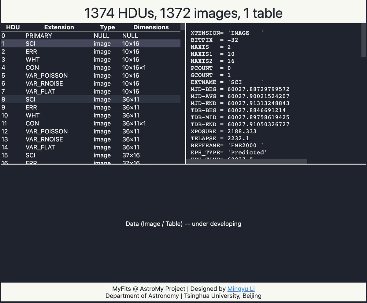 lmytime's tweet photo. Do you want to click and open FITS file in VSCode?
Please search "MyFits" in the VSCode extension market! Now it can only show headers but it helps a lot. 

I develop this by myself and I am coding on more features (showing table/image). I am always here to hear your feedback! https://t.co/A2MjY7wzhK