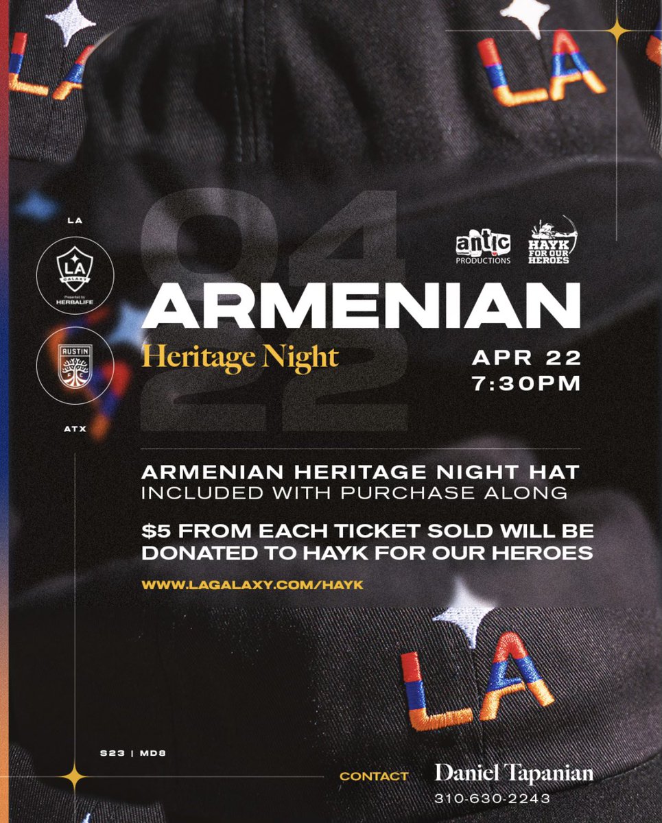 ArmenianHist's tweet photo. 🇦🇲⚽️ ARMENIAN HERITAGE NIGHT! Saturday April 22! The first 1,500 tickets sold will come with an Armenian Heritage Night x LA Galaxy hat! $5 from each ticket sold will also be donated to Hayk For Our Heroes! 

Contact @DannyTapanian or use https://t.co/p2jVKkQrad to purchase! https://t.co/c3RVYtoKuC