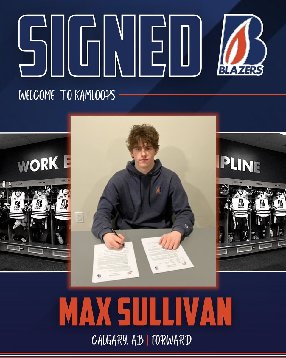 blazerhockey's tweet photo. Ya Sully! ✍️
We have signed 2021 4th rd WHL Prospects selection F Max Sullivan to a WHL Scholarship and Development Agreement. 
Welcome!🔥
READ: https://t.co/Za5KQ2f6G2 https://t.co/BVow5Q9Pzc