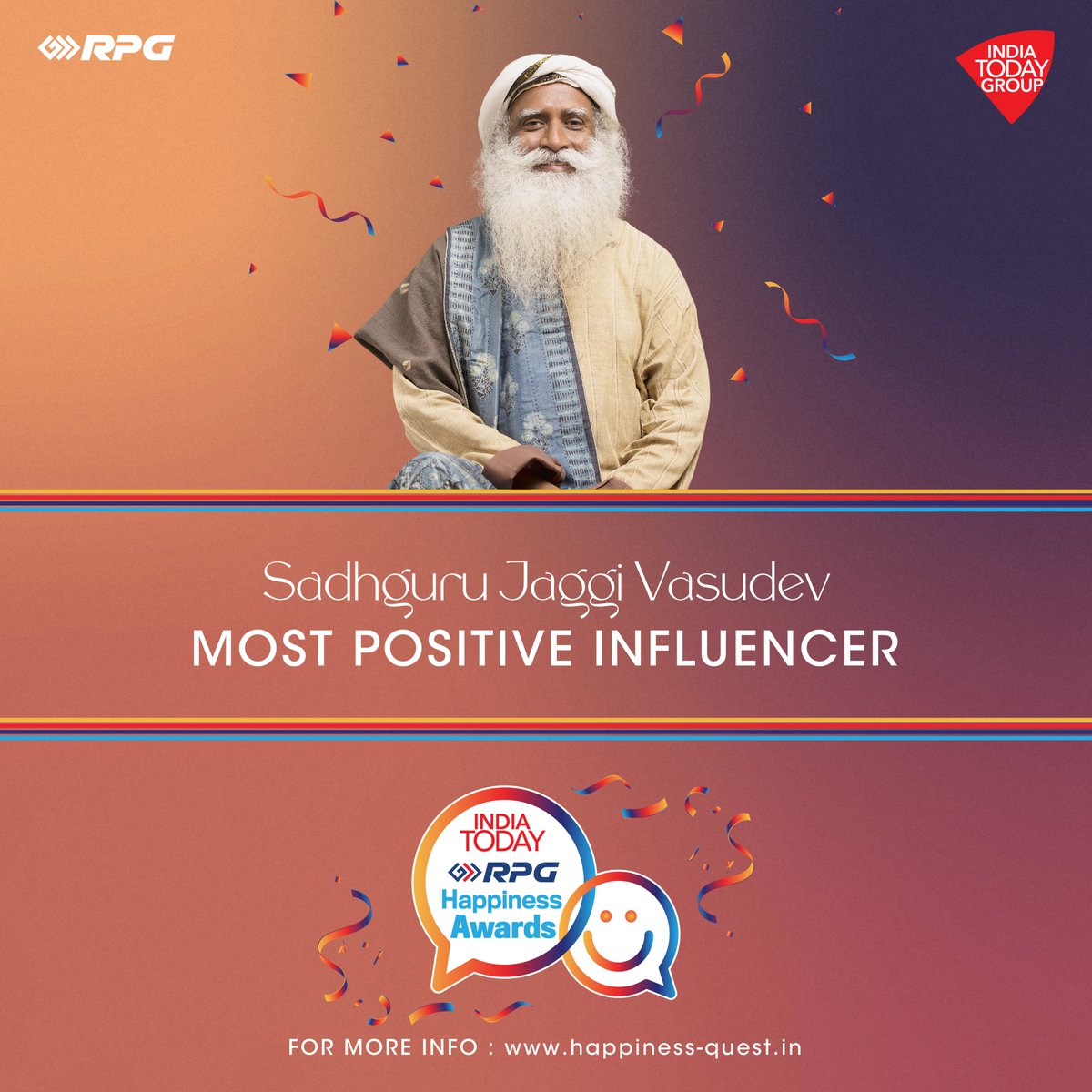 IndiaToday's tweet photo. Meet the ambassadors of happiness, winners of the second edition of India Today-RPG Happiness Award😃

Sadhguru Jaggi Vasudev (@SadhguruJV)
Goa (@DrPramodPSawant)
#IndiaWomensHockeyTeam
Smile Foundation (@smilefoundation)

@RPGEnterprises | #happinessquest #rpg #happinessfest https://t.co/u7m6IWJklW