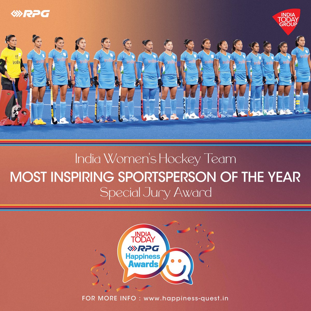 IndiaToday's tweet photo. Meet the ambassadors of happiness, winners of the second edition of India Today-RPG Happiness Award😃

Sadhguru Jaggi Vasudev (@SadhguruJV)
Goa (@DrPramodPSawant)
#IndiaWomensHockeyTeam
Smile Foundation (@smilefoundation)

@RPGEnterprises | #happinessquest #rpg #happinessfest https://t.co/u7m6IWJklW