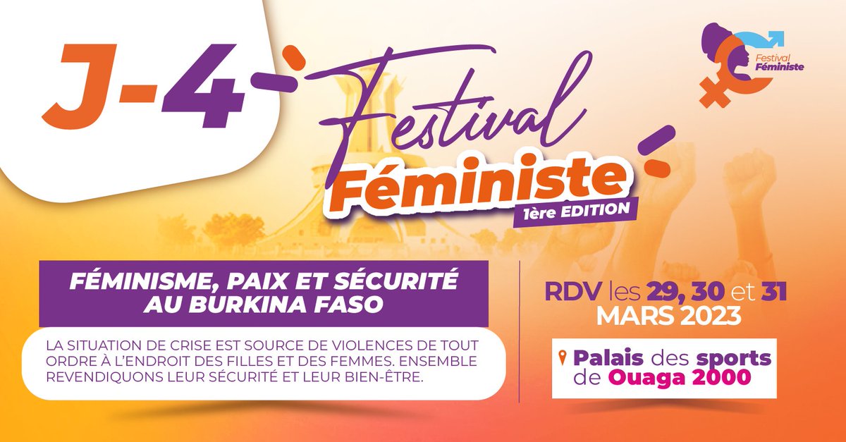 ipbfpananetugri's tweet photo. #FestivalFeministe J-4
#Féminisme, #paix et #sécurité au #BurkinaFaso : Une journée dédiée aux impacts de la crise actuelle, notamment l'augmentation des violences faites aux femmes et à l’amplification de nos appels à la paix #féministe !
Restez avec nous les 29, 30 et 31 mars ! https://t.co/13OMT2OE2u