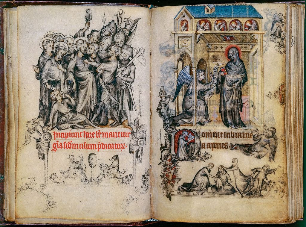 End & beginning: Betrayal of Christ faces Annunciation to Mary in Hours of Jeanne d'Evreux, 1325. Love how bodies of son and mother echo one another. For feast day of the Annunciation, which is today.