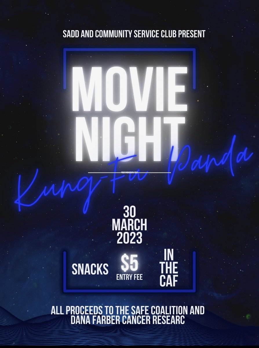 ‼️ Movie Night THIS Thursday 3/30 @ 6:00‼️
All funds will being going to Dana Farber Cancer Institute and the Safe Coalition - tickets can be purchased the night of (PLEASE BRING CASH). 
Come join us and SADD for a fun night of Kung Fu Panda, snacks, raffles and more!!