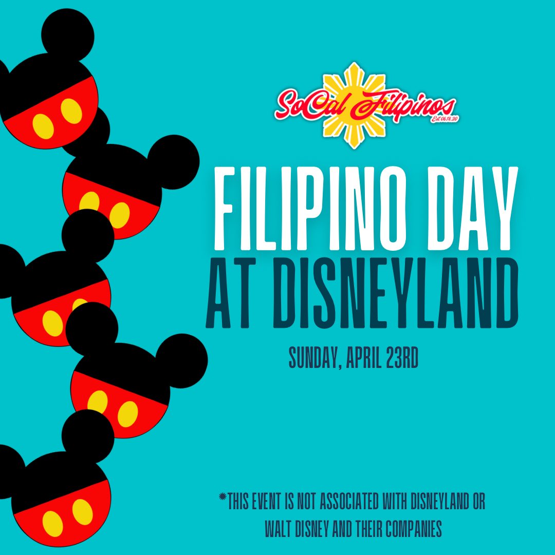 Buy your tickets and make your reservations for Sun, April 23rd. Join us for this meetup at the Happiest Place on Earth.

*This event is not associated with Disneyland, Walt Disney and their companies.

Want the shirt - https://t.co/kHltNhXoHr 

#socalfilipinos #filipinosatdisney https://t.co/TVPbwBZF3S