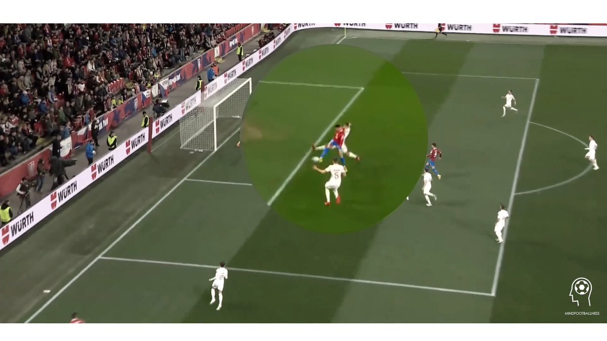 Finally - Kiwior. Basic mistakes with management of the distance to the opponent and protection of the space. He allows the striker coming close and break the angle towards his path of movement, allowing striker to accelerate and change the direction to attack the space in front.