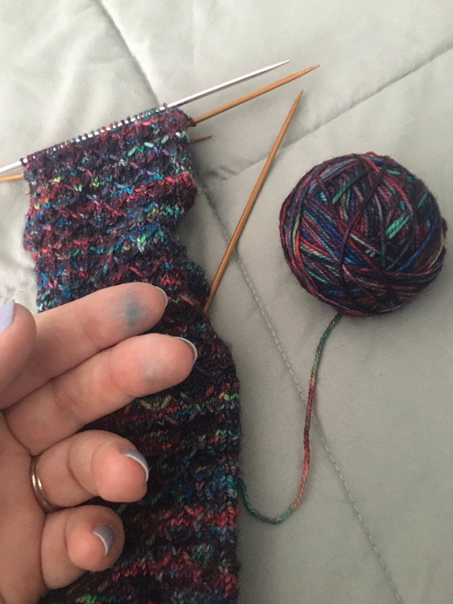 AnxiouslyKnit's tweet image. I found this sock in a bag that I hadn’t used in awhile- I adore the colors of this yarn, but look at my fingertips after knitting for 30 minutes 😭 #knitterproblems