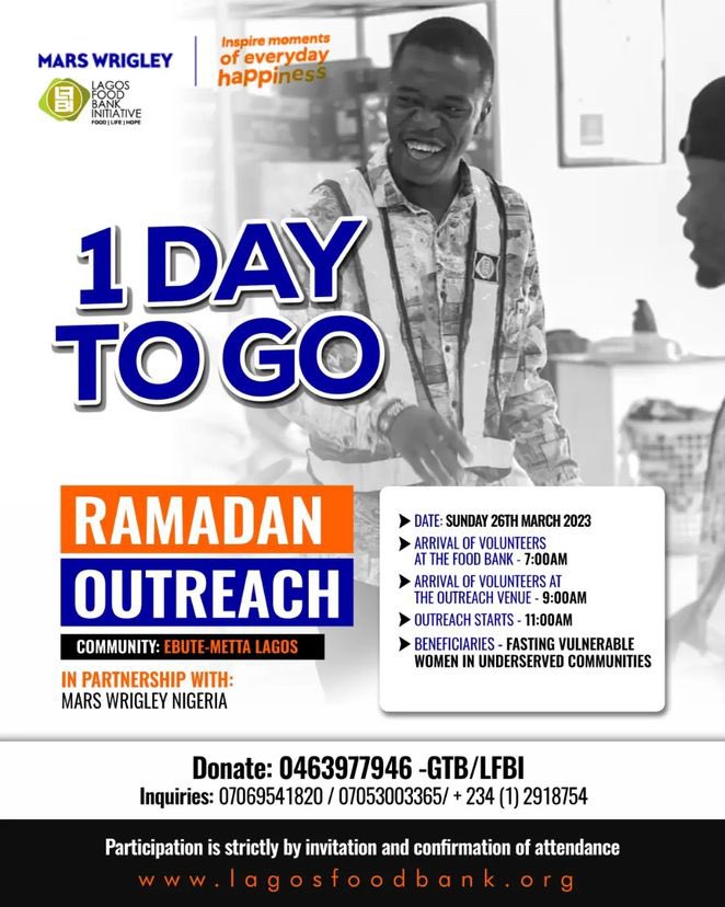 1 Day to go 💃💃💃

Sneakers ✔️ T-shirt ✔️ Vibes ✔️ Volunteer mode✔️ Saturday ✔️
Tomorrow, Sunday 26th of March, 2023 through our Temporary Food Assistance Program in partnership with Mars Wrigley <a href="/MarsWrigley/">Mars Wrigley</a> we will be reaching out to Vulnerable women of Ebute-Metta Lagos