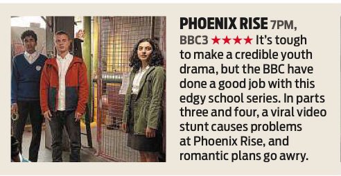 Great review from the Daily Mail❤️#PhoenixRise @BBCiPlayer @EmilyWalklett @TylerFayose @FintanBuckard @thealicarron