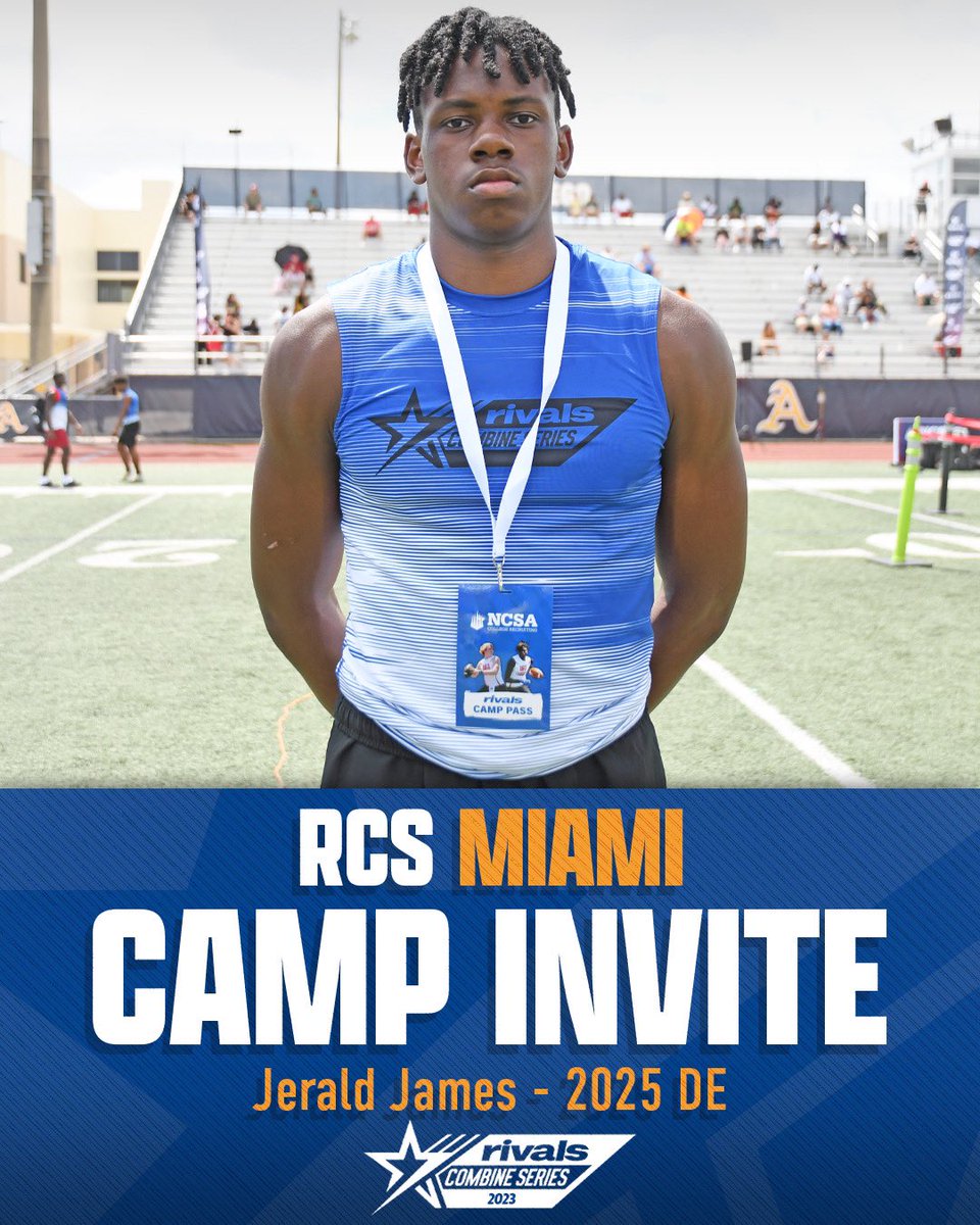 RivalsHS's tweet photo. ✅INVITE STAMPED ✅

Name: Jerald James
Position: Defensive End 
Class: 2025
Height/Weight: 6’3/205
🏫: Miami Killian 

@d1_JJAY | @RivalsCamp | @ncsa | @TeamVKTRY | @RivalsFriedman https://t.co/1VtZqDL5YE