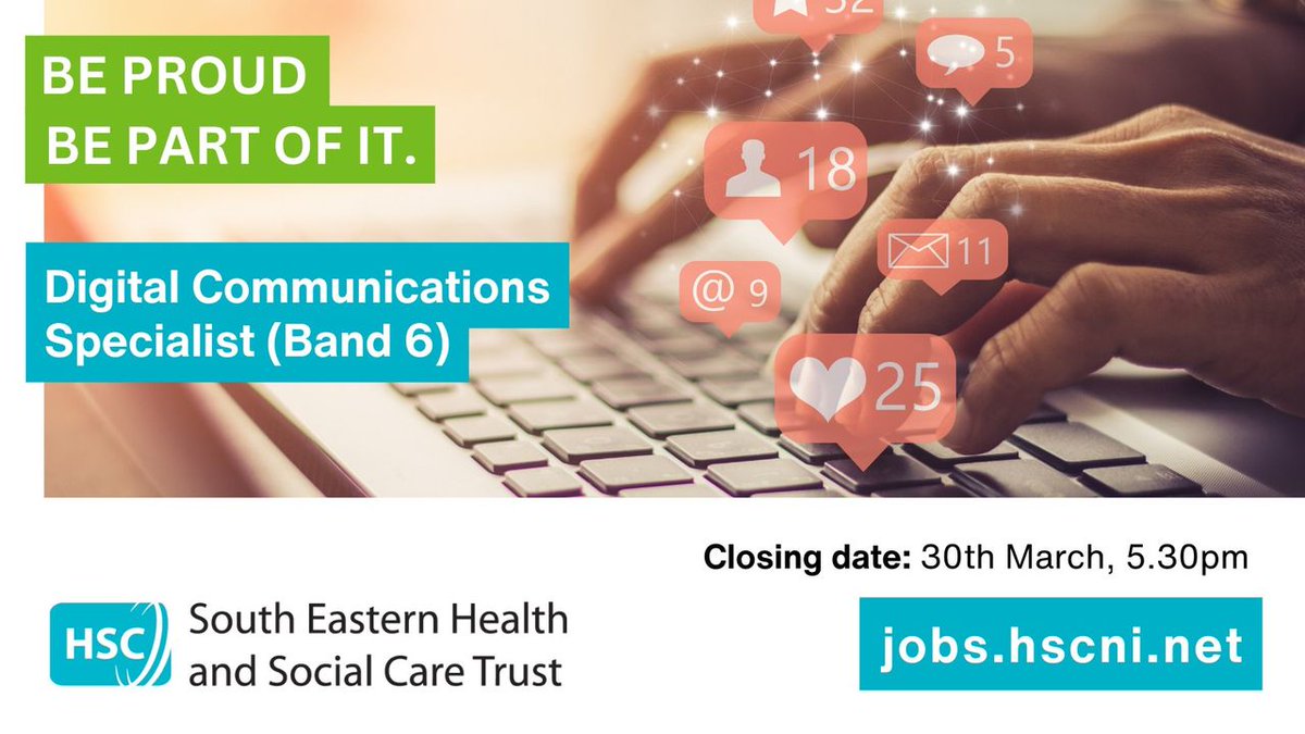 setrust's tweet photo. We are now recruiting for a Band 6 Digital Communications Specialist 📲 📹

📆 Closing date: Thursday 30th March, 5.30pm

Apply online ➡️ https://t.co/sJlb4JC2BZ

Start your journey at the South Eastern Trust #TeamSET #SETLeadership https://t.co/JsnyQFn6cE