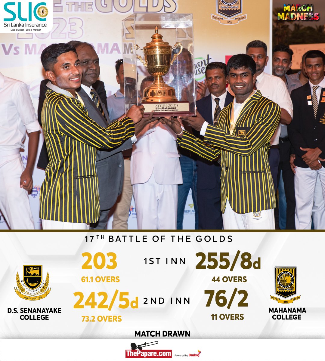 ThePapareSports's tweet image. The 17th Battle of the Golds encounter played between Mahanama College and D.S. Senanayake College ended in a draw!   

Coverage Powered by @SLICInsurance 

#MarchMadness #BattleoftheGolds #BOTG 

More 👉 thepapare.com/march-madness/