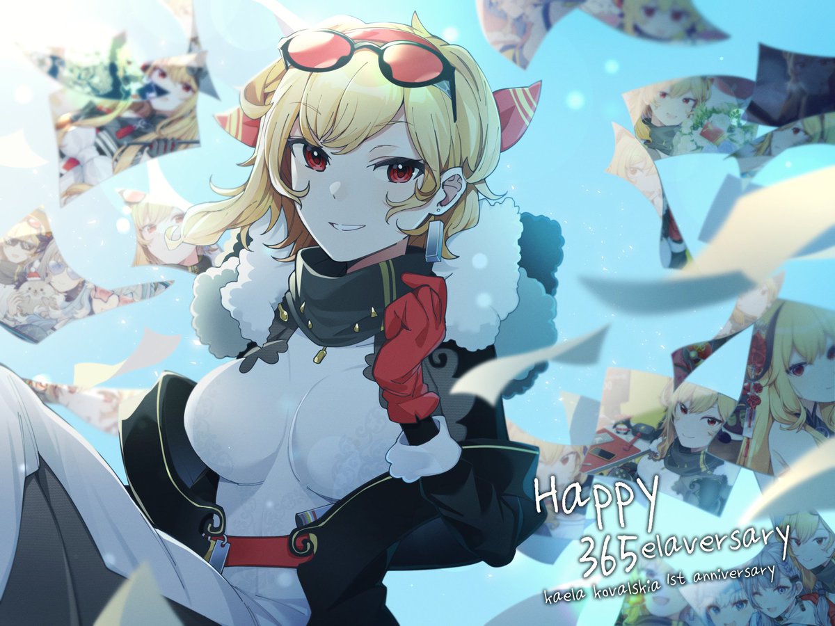 blonde hair 1girl eyewear on head red eyes red gloves gloves red-tinted eyewear  illustration images