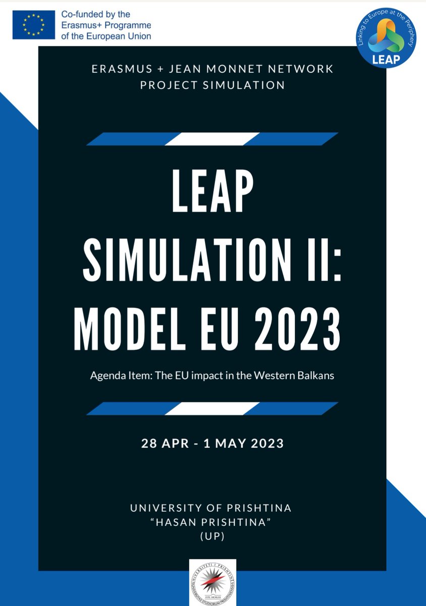 Rektorati's tweet photo. University of Prishtina “Hasan Prishtina” within the framework of the LEAP Jean Monnet Network is organizing three days LEAP SIMULATION II: EU MODEL 2023.
Apply now👇
https://t.co/gMjYOpthD1
#UPisUP https://t.co/ESJIuJAoFG