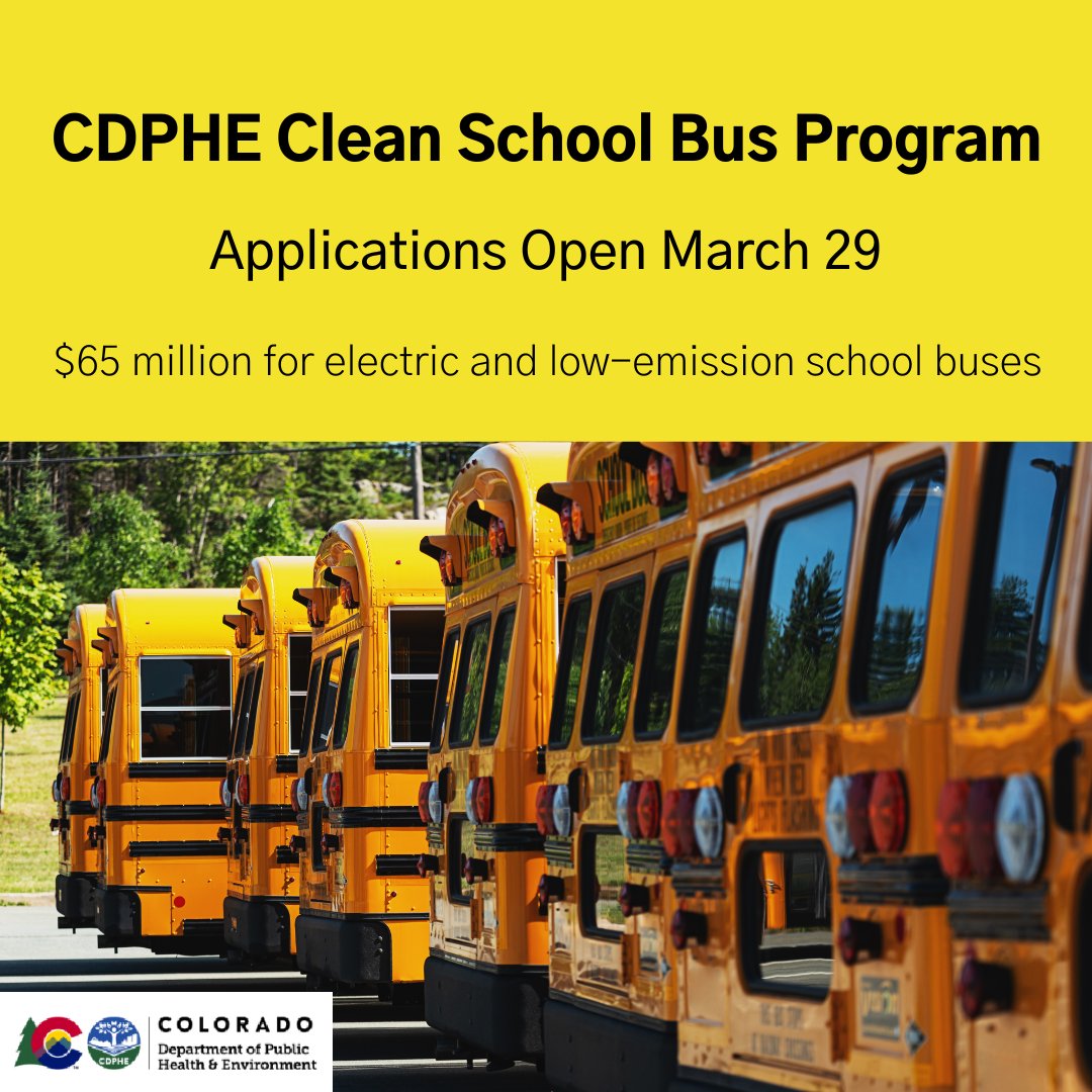 Mark your calendars for the April 11th webinar with @CDPHE staff to hear about the Colorado Electric School Bus Grant Program. Learn more about the $65 million grant program: cdphe.colorado.gov/electric-schoo…

Sign up for the webinar here: us06web.zoom.us/meeting/regist…

#ESB #EVdeployment