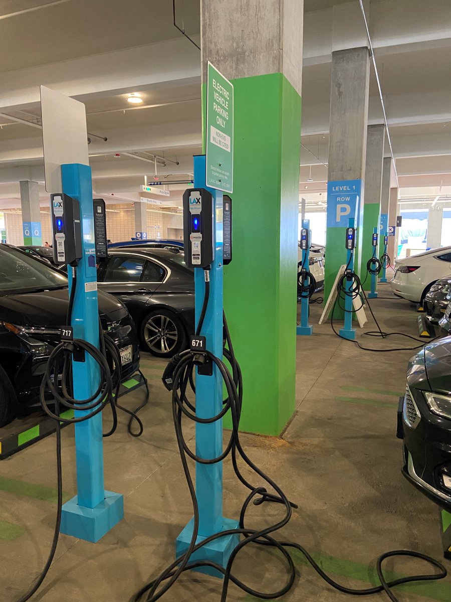 flyLAXairport's tweet photo. EV chargers are available at LAX Parking Structures 1-6 and in the #LAXEconomyParking facility, bringing the total number to 832 chargers! Plans are to install about 500 more chargers in the future. #EarthHourLAX #EarthHour https://t.co/HtLk47hpxr