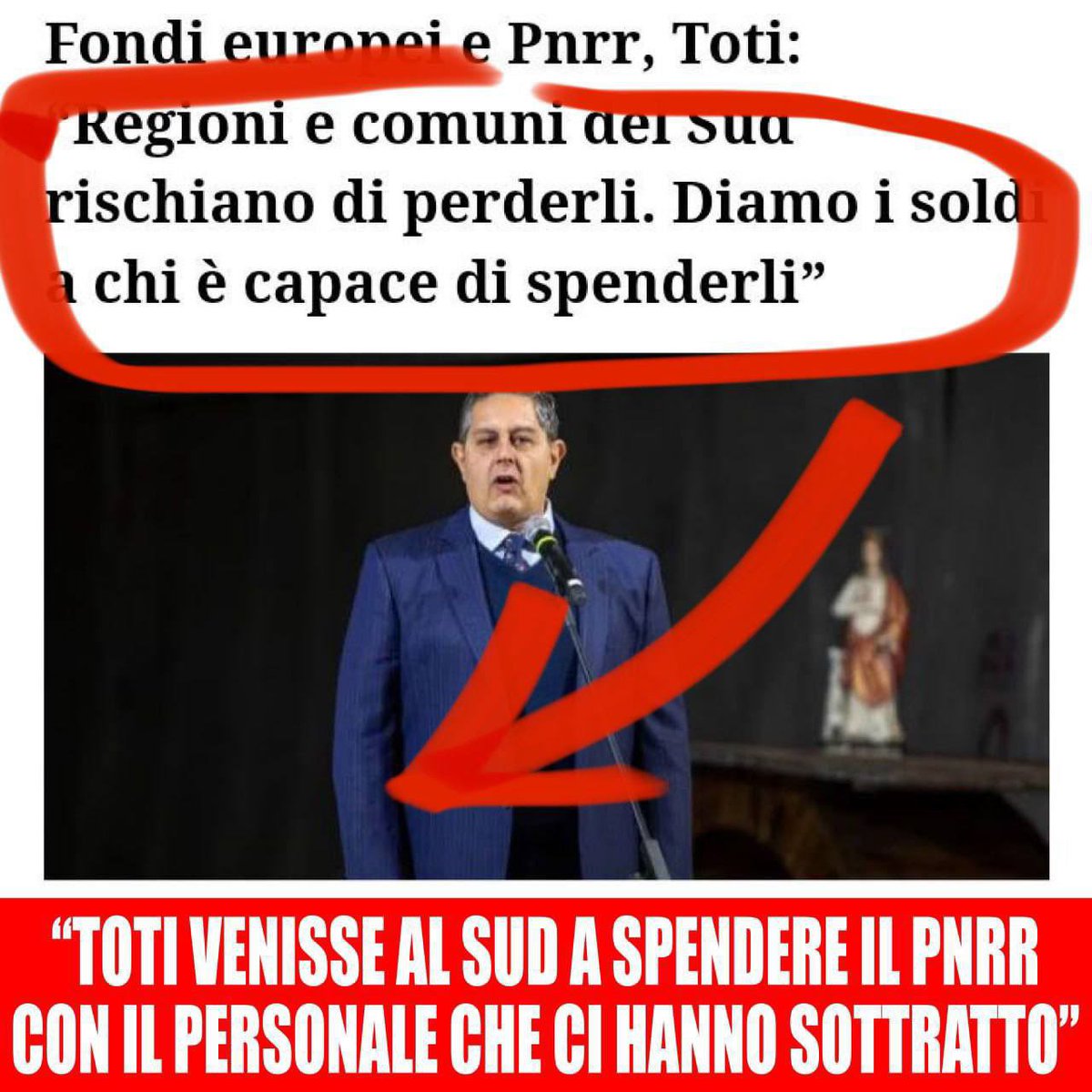 ultimora_pol's tweet photo. Piernicola #Pedicini: "Se il sud arranca nell’attuazione del Pnrr è perché per oltre un ventennio la spesa pubblica è stata concentrata al Nord. Se #Toti crede di essere capace di spenderli meglio quei soldi arruolasse il personale sottrattoci https://t.co/TyoTIQt4Fu