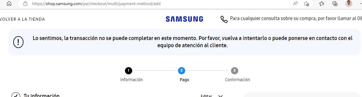 briant_chon's tweet photo. @SamsungPeru estoy queriendo hacer comprar en su web con mi tarjeta #VISA y me sale el mensaje de la foto. Estoy desde el día de ayer intentando hacer la compra.. 😒 https://t.co/zxiznOQQZ8