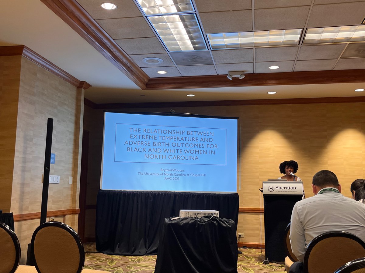 daniellepurifoy's tweet photo. @BryttaniWooten, my very first advisee @geographyunc, just did a brilliant presentation at #aag2023. Her study on  the impacts of extreme temp on adverse birth outcomes for Black and white women in NC is a major contribution to the lit on climate health and repro justice. 👇🏽 https://t.co/ibLlKO7hDH