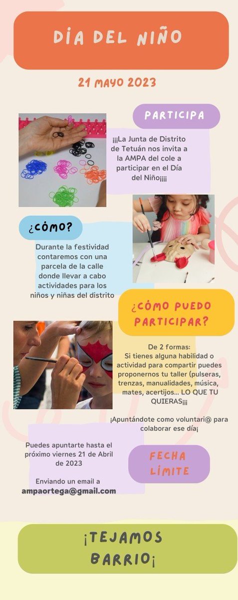 La Junta del Distrito de Tetuán nos invita a participar en el ¡DÍA DEL NIÑO¡

Si tienes alguna habilidad, conocimiento o taller que quieras compartir o te gustaría colaborar como voluntari@ envia un correo a ampaortega@gmail.com con tu propuesta,antes del 21 de abril.