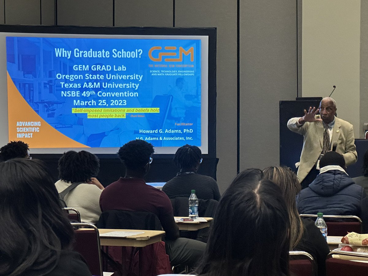 educator2us's tweet photo. The legendary Dr. Howard Adams is still inspiring young people to pursue PhDs! #NSBE49 #IAMSTEM #GEMGradLab https://t.co/QGlDcxsAk2