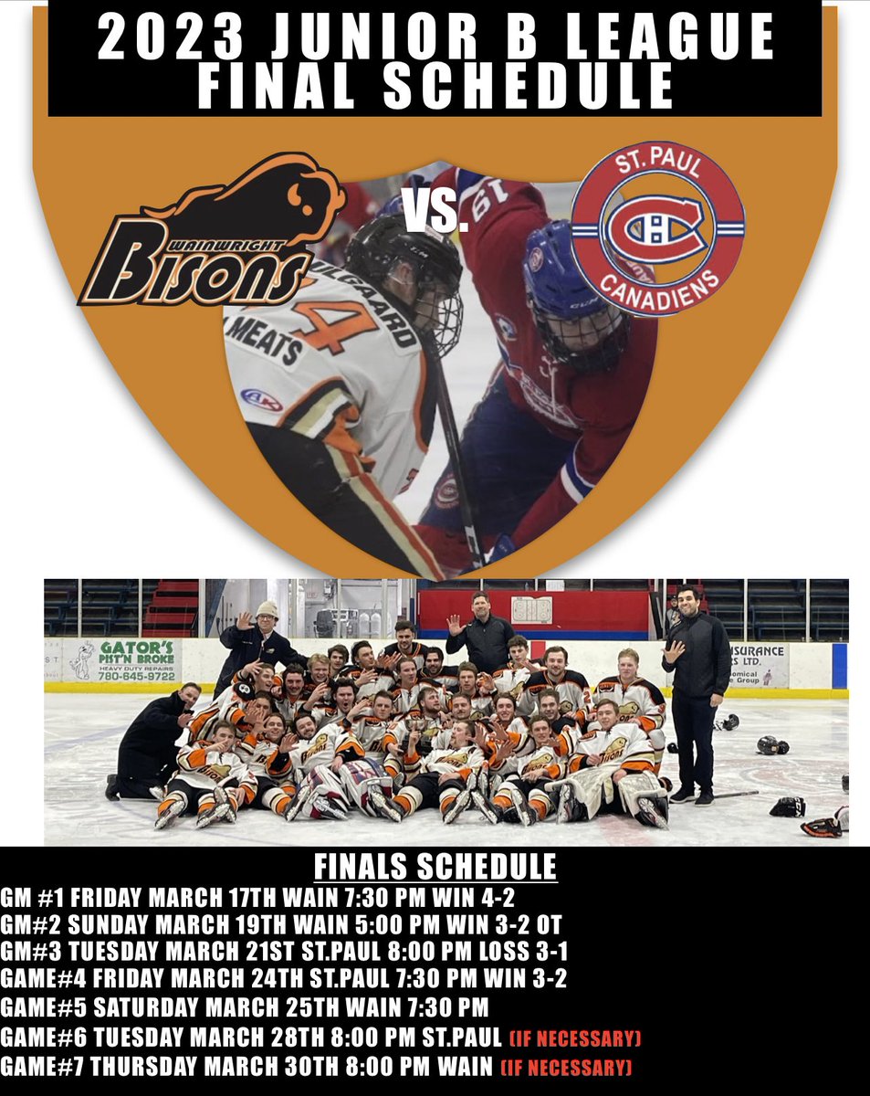 Congrats to the <a href="/ProvostCombines/">Provost Combines</a> &amp; all our alumni on winning their League Championship last night!  Tonight we have a pivotal Game 5 in <a href="/TownWainwright/">Town of Wainwright</a> Vs. <a href="/JuniorCanadiens/">St. Paul Jr. Canadiens Hockey Club</a> would love to see the support for this incredible series!  $500 Guarantee 50/50! Bar is Open!  7:30 Start!