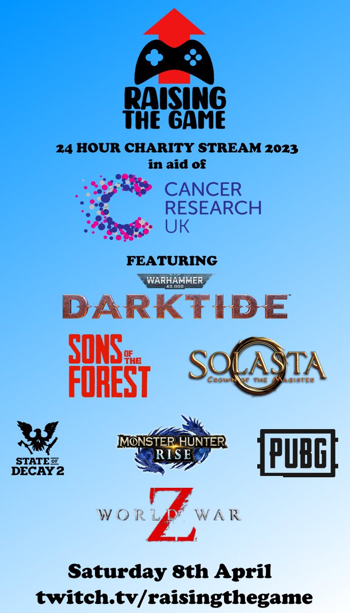 RaisingTh3Game's tweet photo. We're going live at 9am on 8th April for 24 hours! 

We're raising money for @CR_UK and playing a few of the titles on the poster, we hope you can join us! 

If you want to donate to the cause then you can find it here:  https://t.co/vPVftrPBdo

#Charity #Marathon https://t.co/9FvLlPqV2b