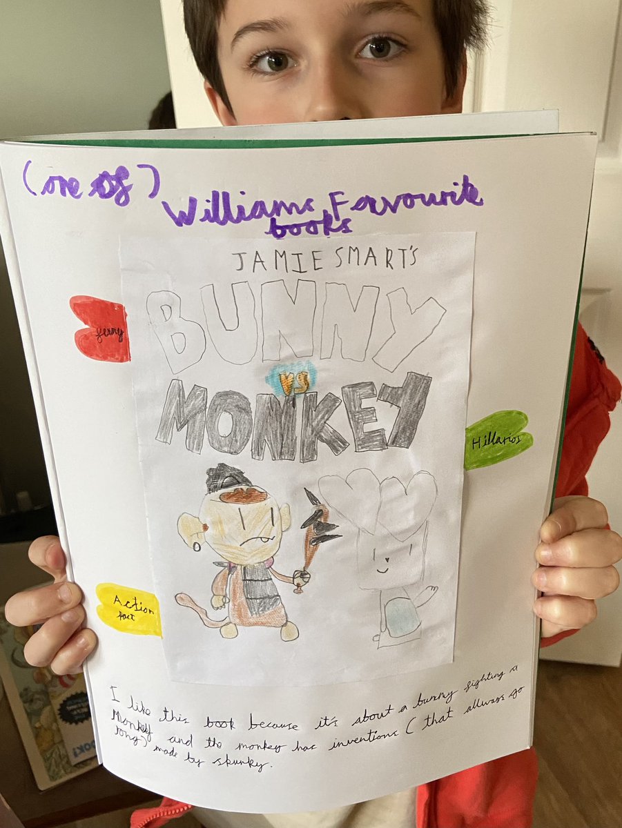 NJewer's tweet photo. It was my son’s turn with the class log of favourite books this week. It had to be Bunny Vs. Monkey @jamiesmart https://t.co/41zvsWiM37
