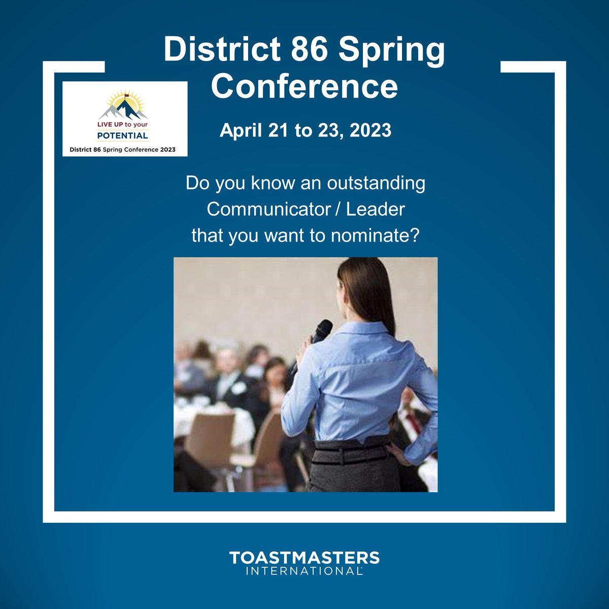 Is there an outstanding #communicator or #leader  (non-Toastmaster) in your #community  that you would like to nominate for the Communication &amp; Leadership #award ? Submit your #nomination  by Mar. 31 here: toastmasters86.org/2023-communica… #toastmasters #LeadershipMatters