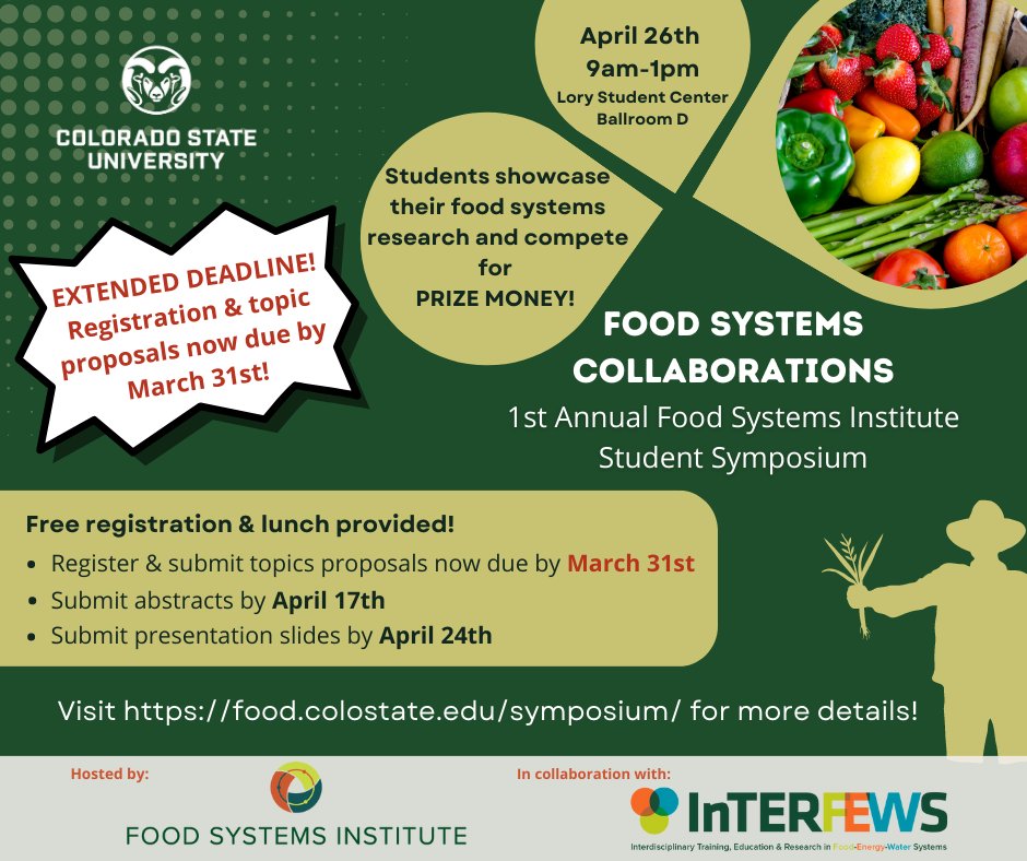 interfews's tweet photo. REGISTRATION DEADLINE EXTENDED! Register &amp; submit project proposals by 3/31 for the 1st Annual @CSU_foodsystems Student Symposium on 4/26! Graduate &amp; upper-level undergrads (>90 credit hours) welcome. 3 CASH PRIZES! https://t.co/xlGXixpIYf
@GradSchoolCSU @rebeccabr @CSUEngagement https://t.co/LXrCuTkmNp