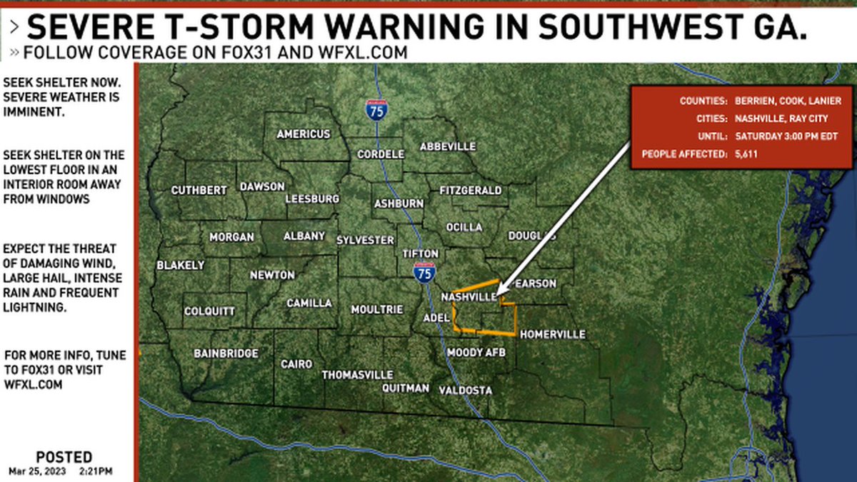 A new SEVERE THUNDERSTORM WARNING has been issued for southwest Georgia. Follow FOX31 News on-air and online for updates. #gawx #swga #gawxcond