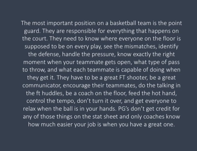 Playing the point is not something you can learn overnight.  It takes a combination of a high basketball IQ, an unselfish attitude, a willingness to be accountable and great leadership skills.