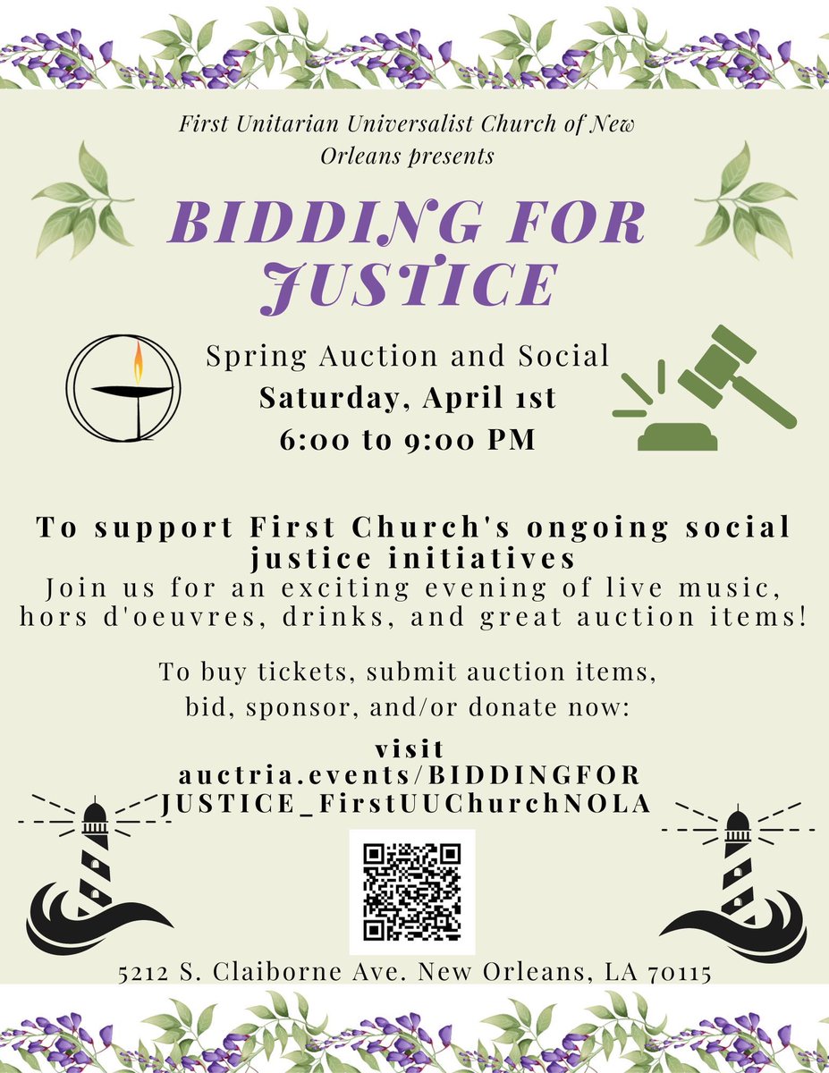 FUUNO's tweet photo. Our awesome springtime fundraiser is just one week away! Support us in living our values and putting justice at the heart of all we do, in New Orleans &amp; beyond. #uuTwitter #NOLAtwitter  #communityLighthouse #UnitarianUniversalist https://t.co/68upjJIUJK